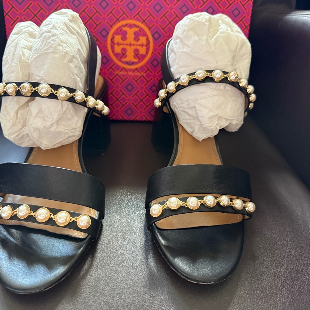 Tory Burch Black Pearl-Embellished Sandals